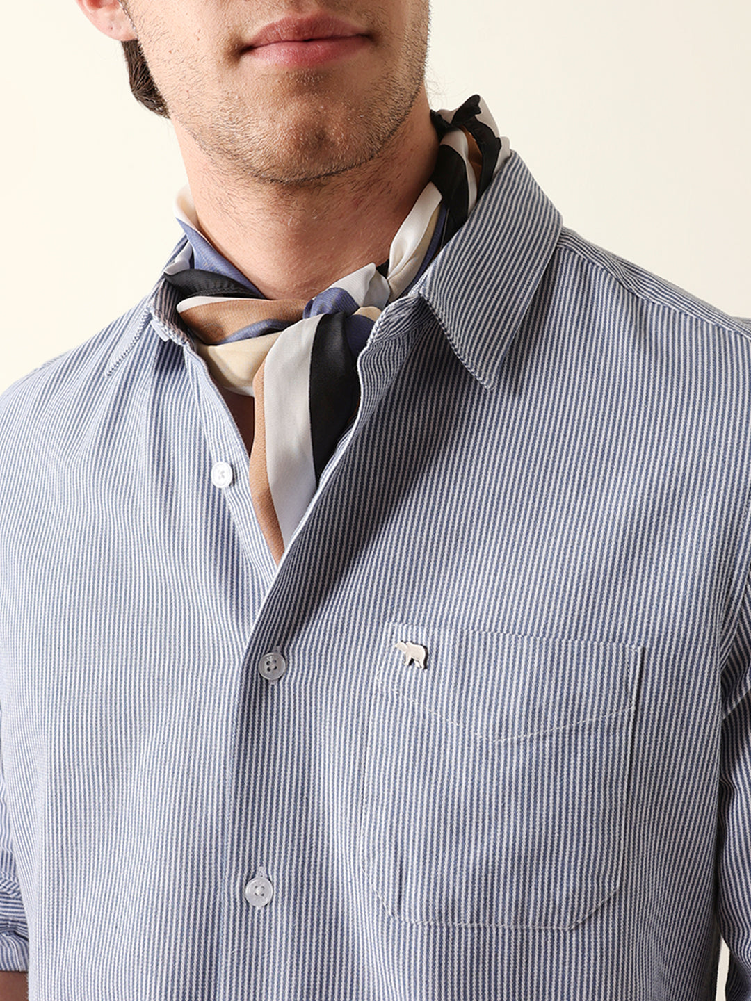 Blue & White Vertical Woven Pinstriped Slim Fit Casual Shirt