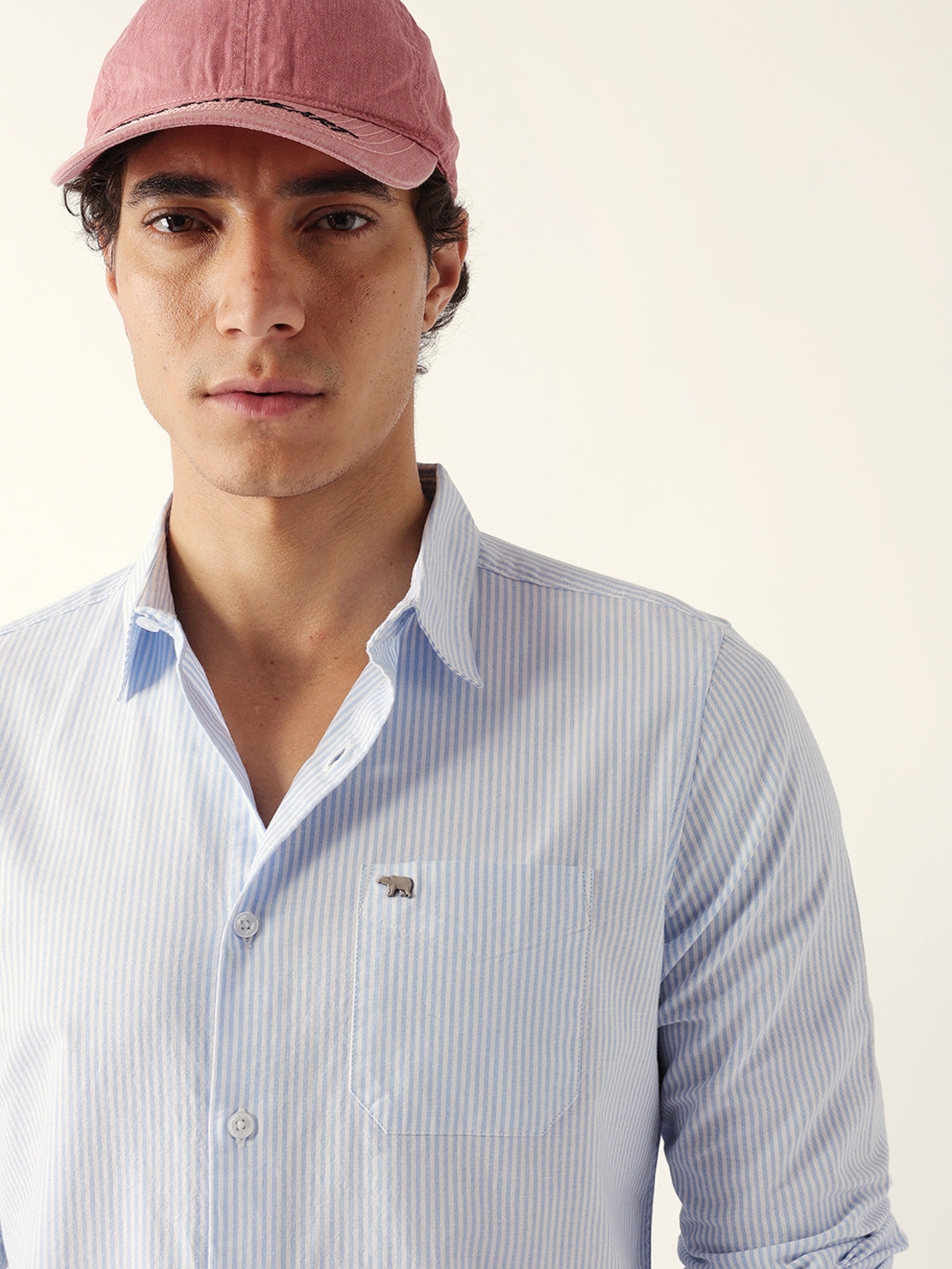 Blue Slim Fit Casual Shirt with White Vertical Stripes