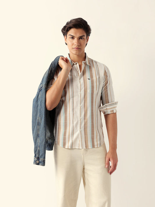 Multicolor Woven Vertical Stripes Slim Fit Casual Shirt