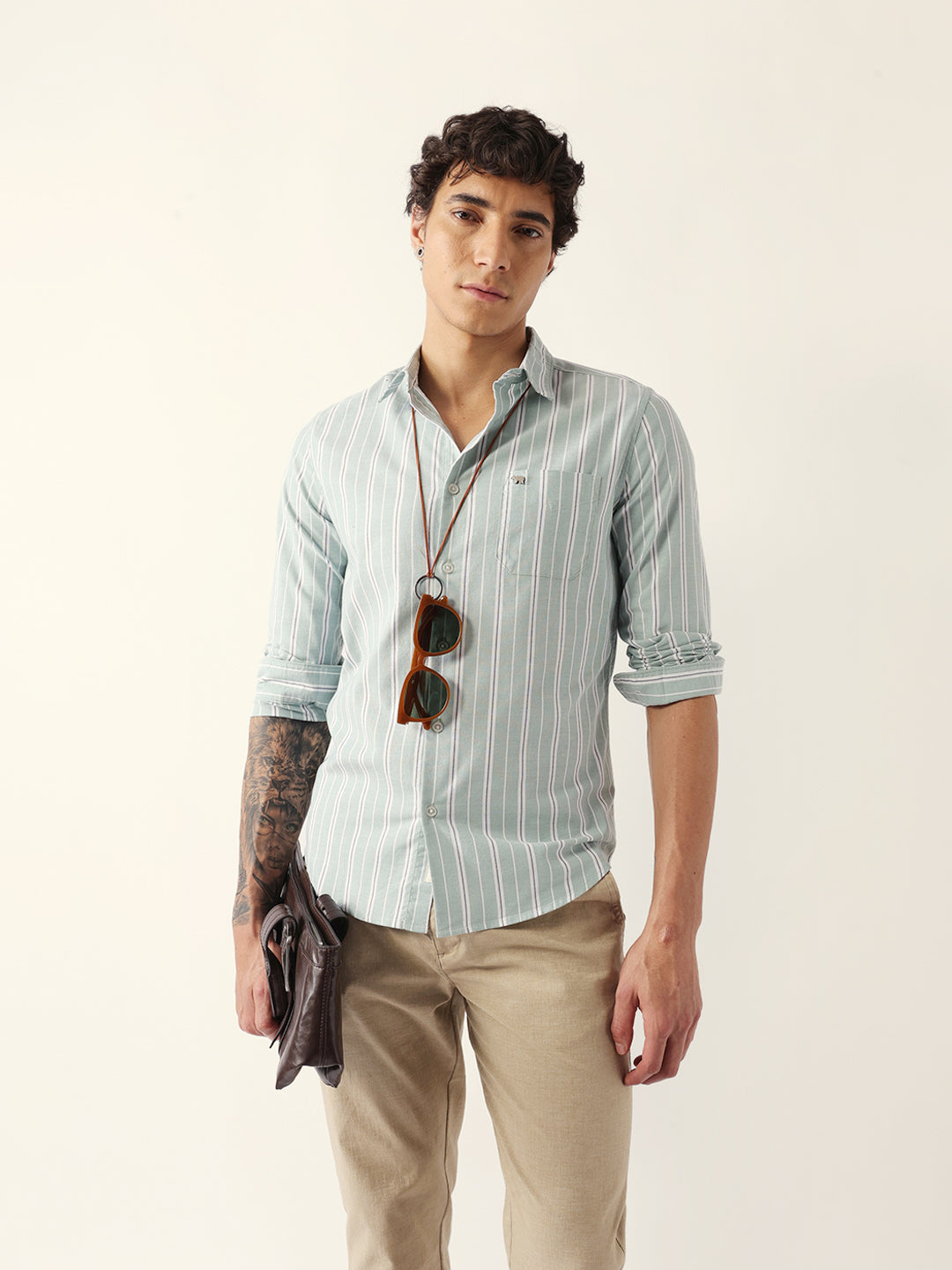 Light Green Vertical Pinstripe Slim Fit Casual Shirt