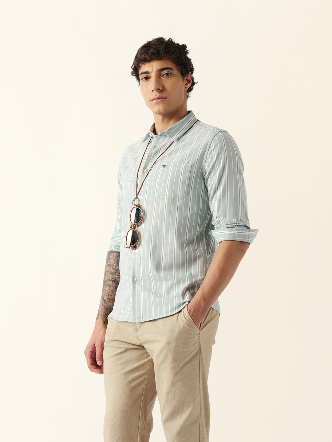 Light Green Vertical Pinstripe Slim Fit Casual Shirt