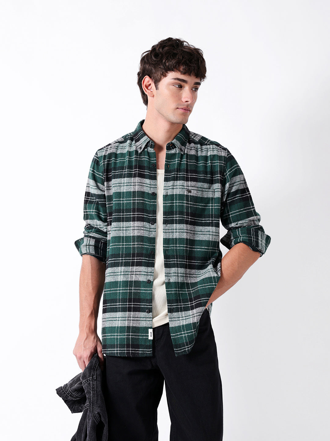 Green Flannel Check Slim Fit Casual Shirt