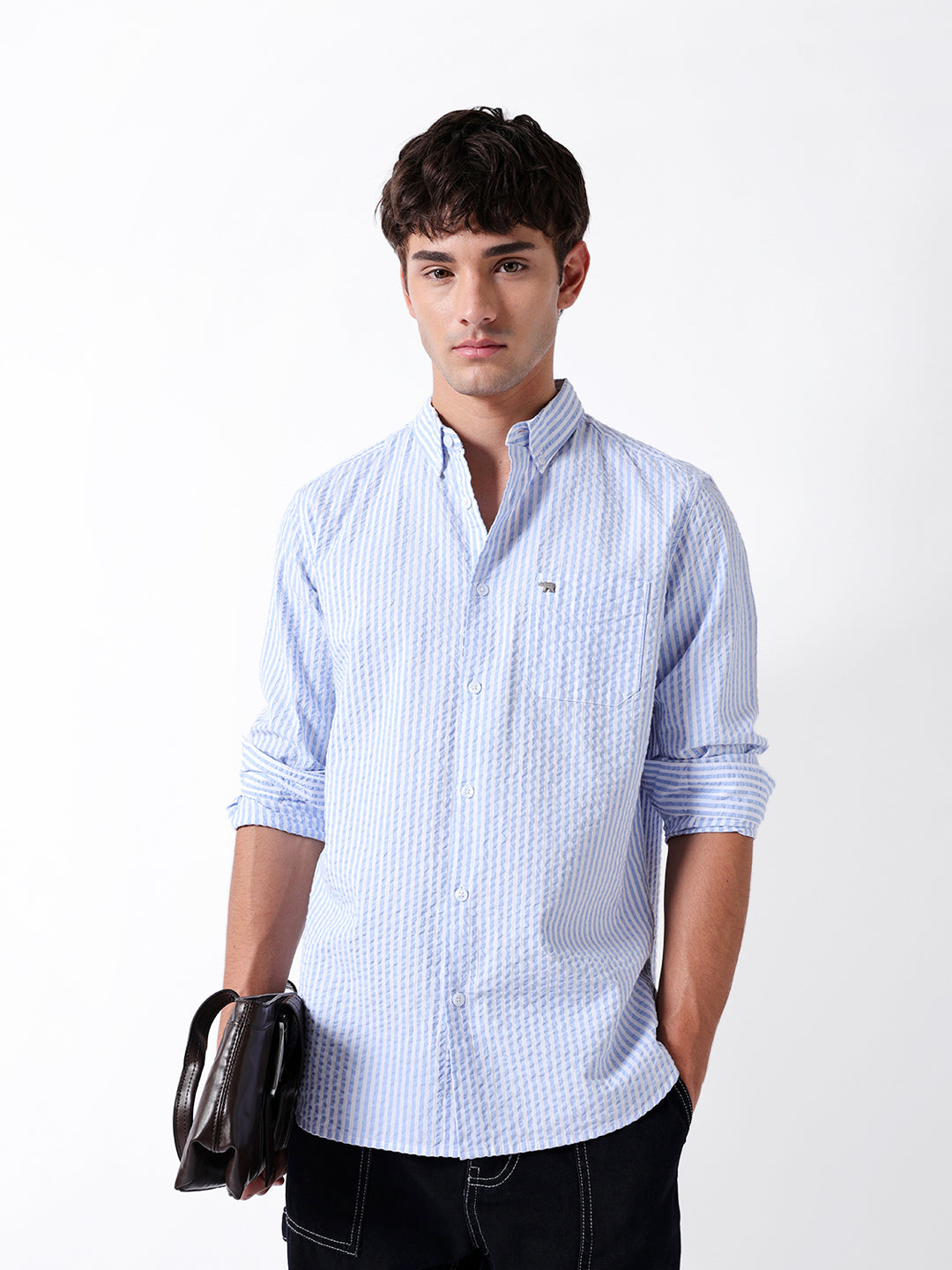 Blue & White Vertical Crinkled Pinstripe Slim Fit Casual Shirt