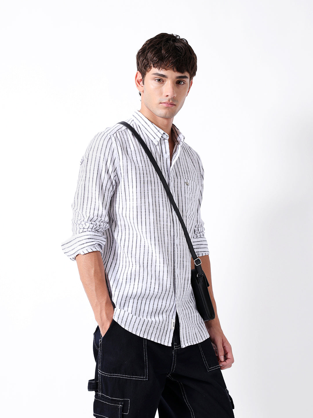 White Slim Fit Casual Shirt with Woven Vertical Stripes