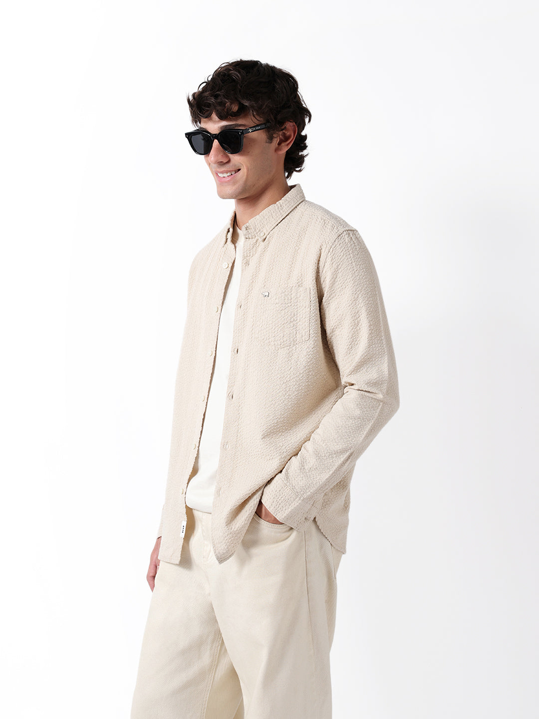 Beige Slub-Textured Woven Slim Fit Casual Shirt