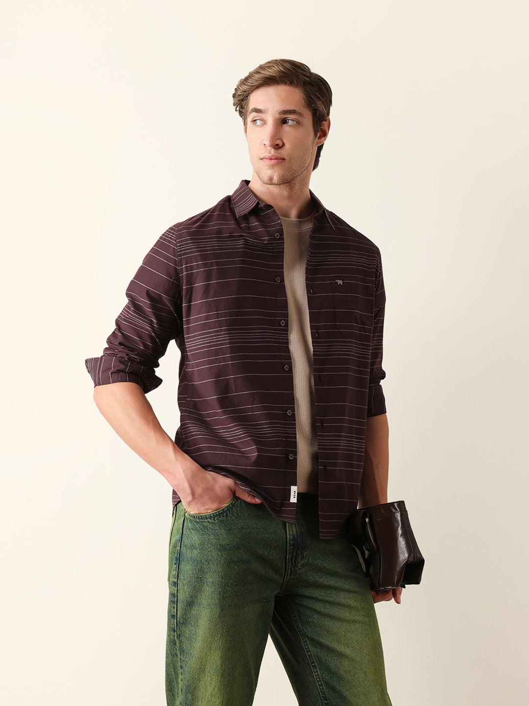 Brown Slim Fit Casual Shirt with Horizontal Woven Stripe