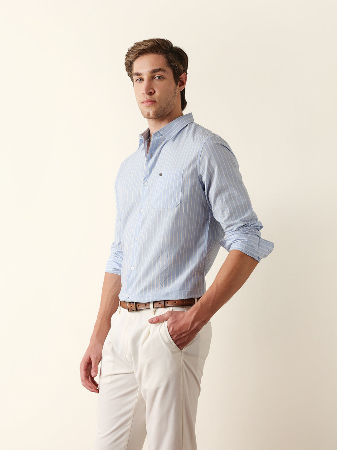 Blue Slim Fit Casual Shirt with White Vertical Stripes