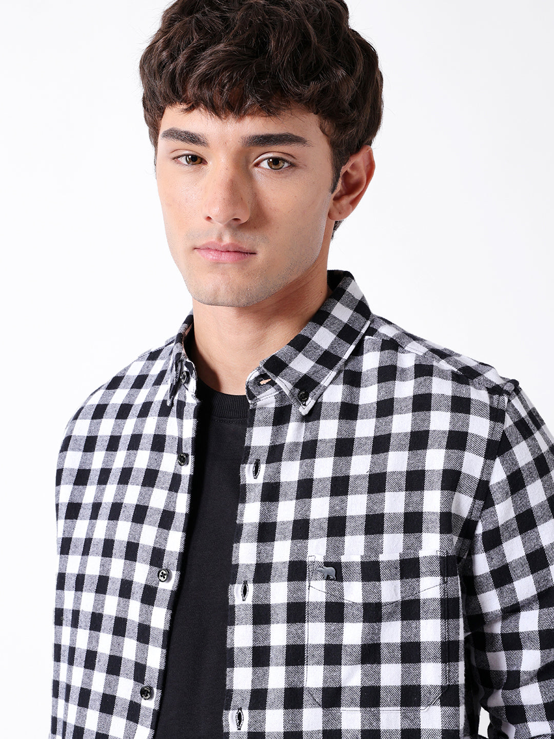Black & White Flannel Micro-Checked Slim Fit Casual Shirt