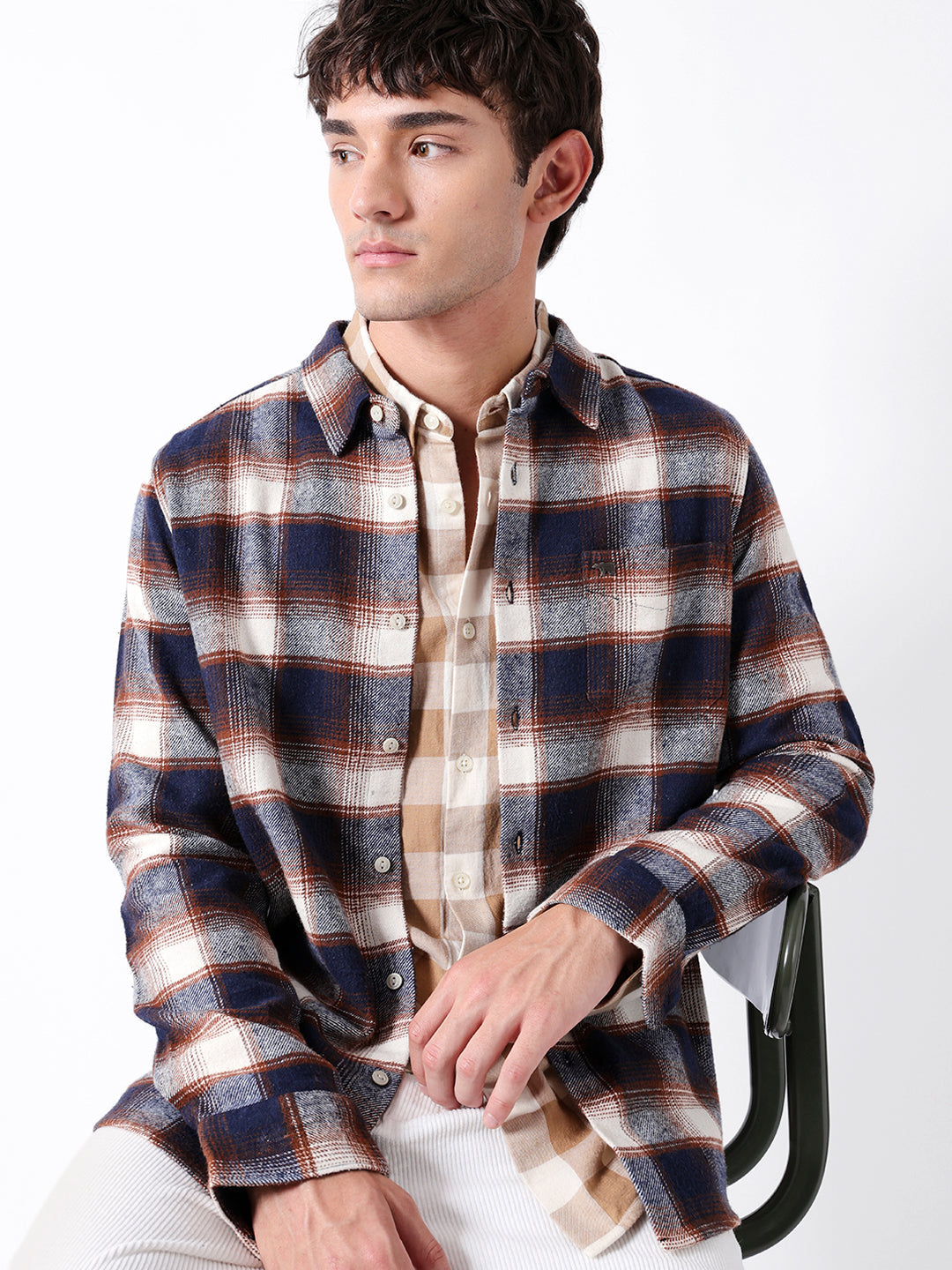Blue & Brown Regular Fit Woven Check Flannel Casual Shirt