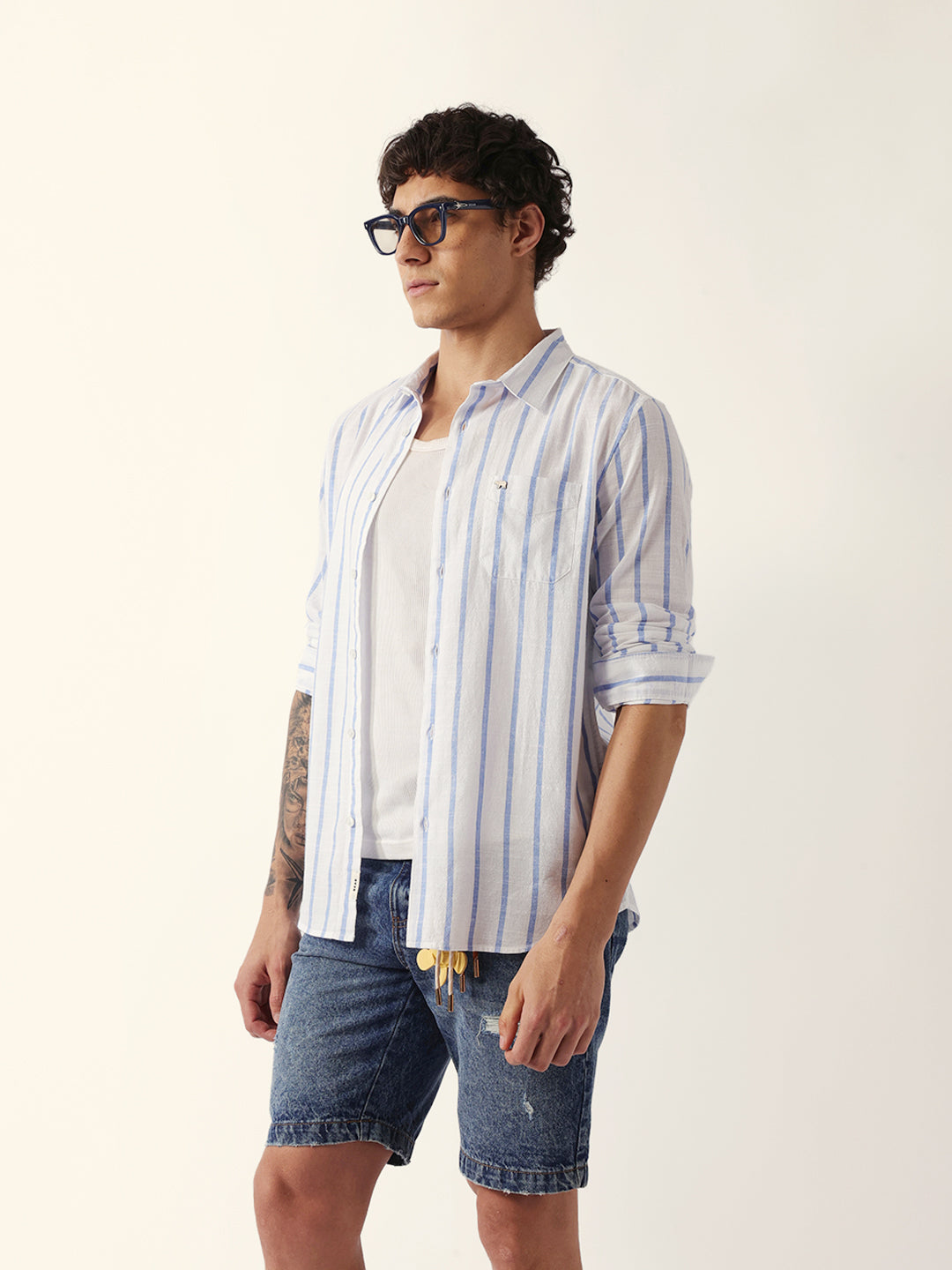 Blue & White Vertical Stripes Slim Fit Casual Shirt