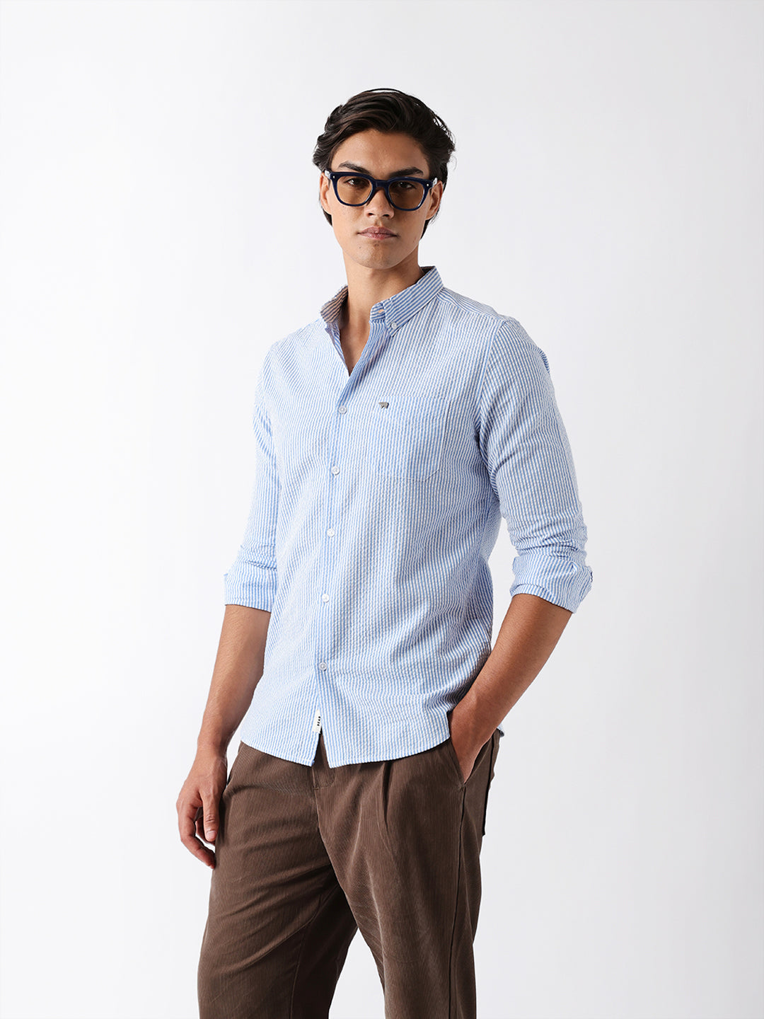 Blue & White Vertical Seersucker Pinstripe Slim Fit Casual Shirt