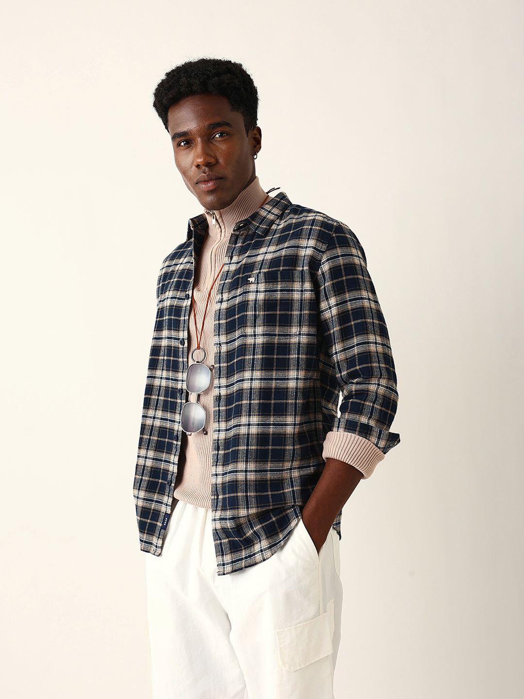 Navy Blue Flannel Woven Checked Slim Fit Casual Shirt