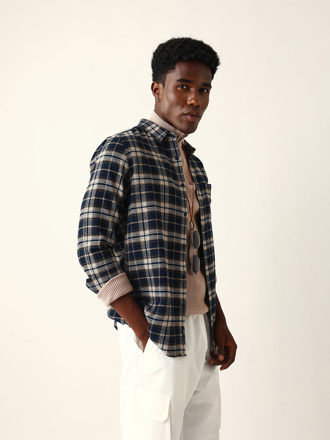 Navy Blue Flannel Woven Checked Slim Fit Casual Shirt