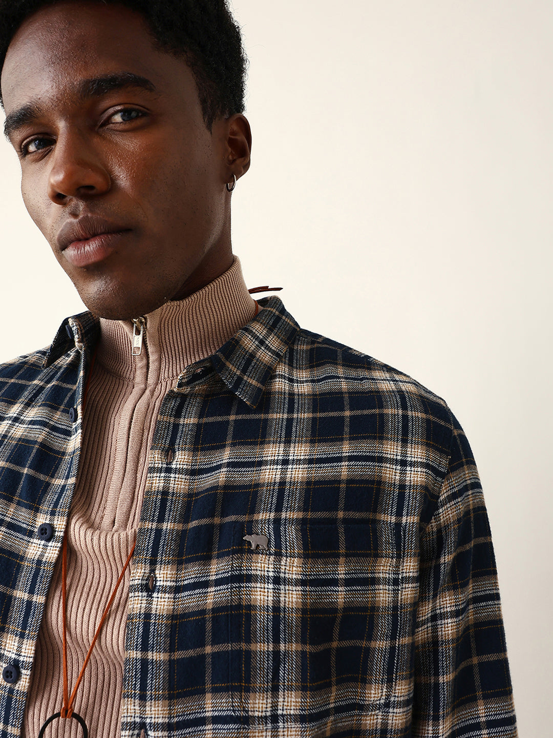 Navy Blue Flannel Woven Checked Slim Fit Casual Shirt