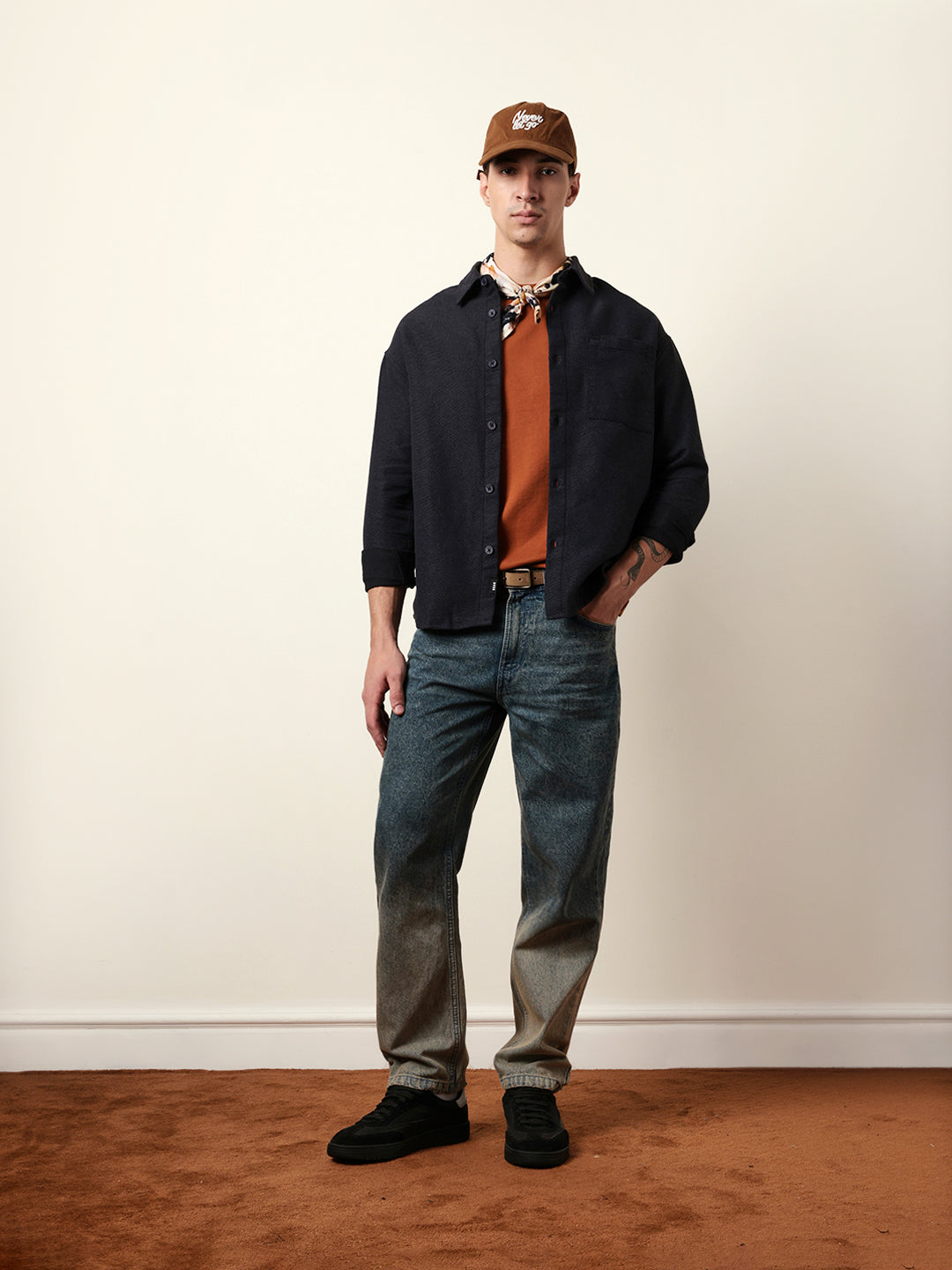 Dark Blue Textured Crepe Relaxed Fit Overshirt
