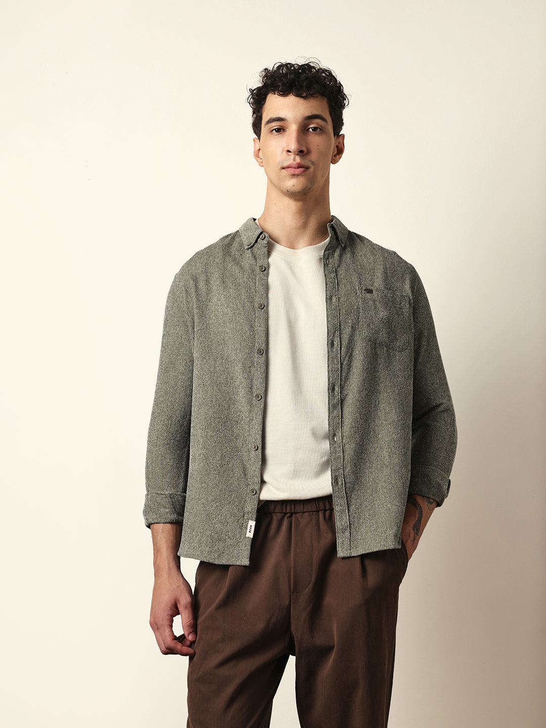 Green Textured Woven Striped Slim Fit Casual Shirt