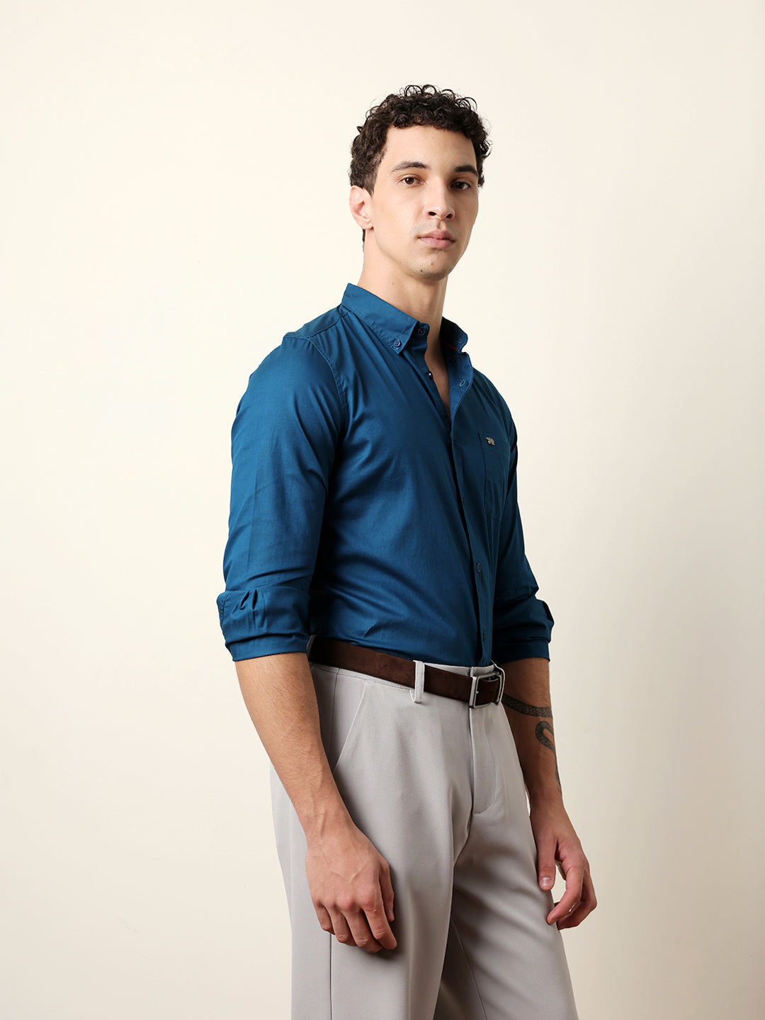 Teal Solid Cotton Slim Fit Casual Shirt