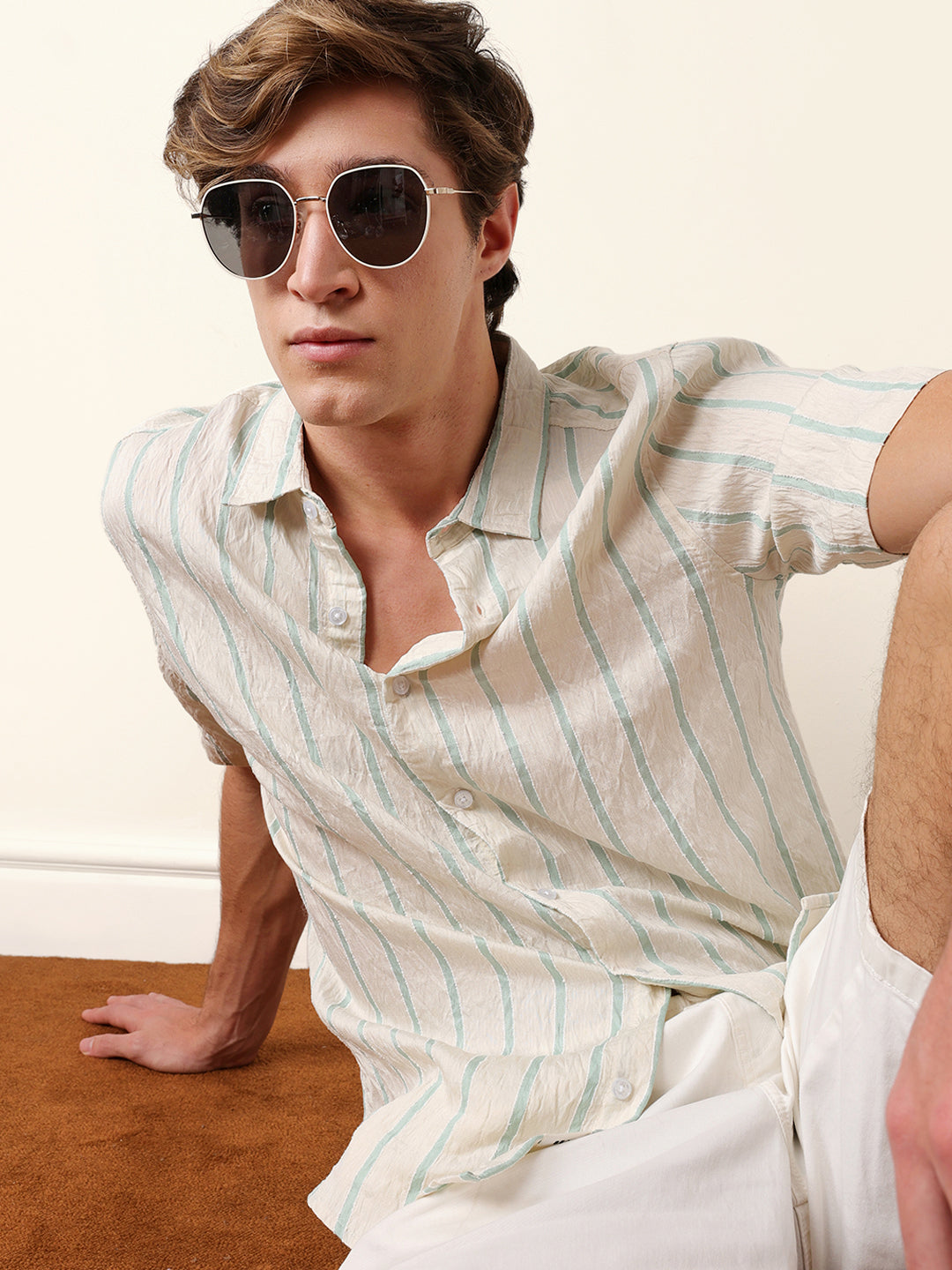 Cream Vertical Stripe Regular Fit Casual Shirt