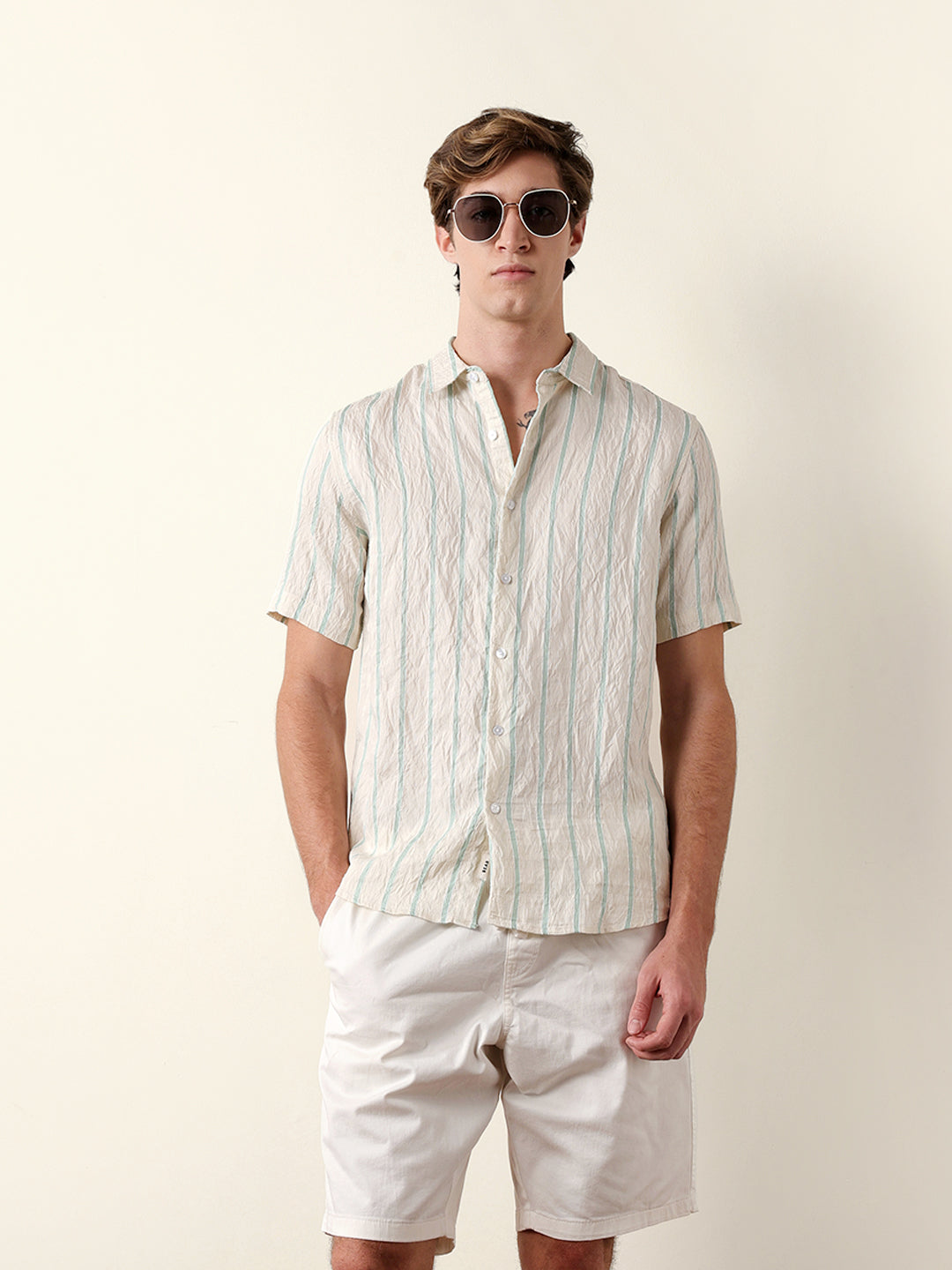 Cream Vertical Stripe Regular Fit Casual Shirt