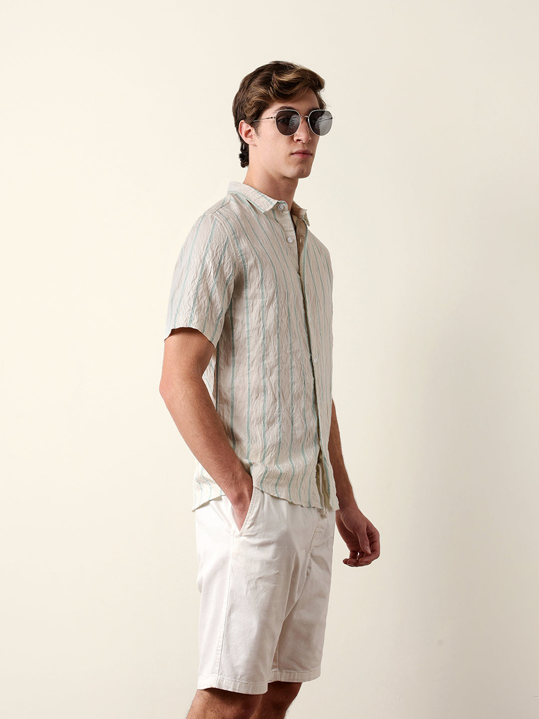 Cream Vertical Stripe Regular Fit Casual Shirt