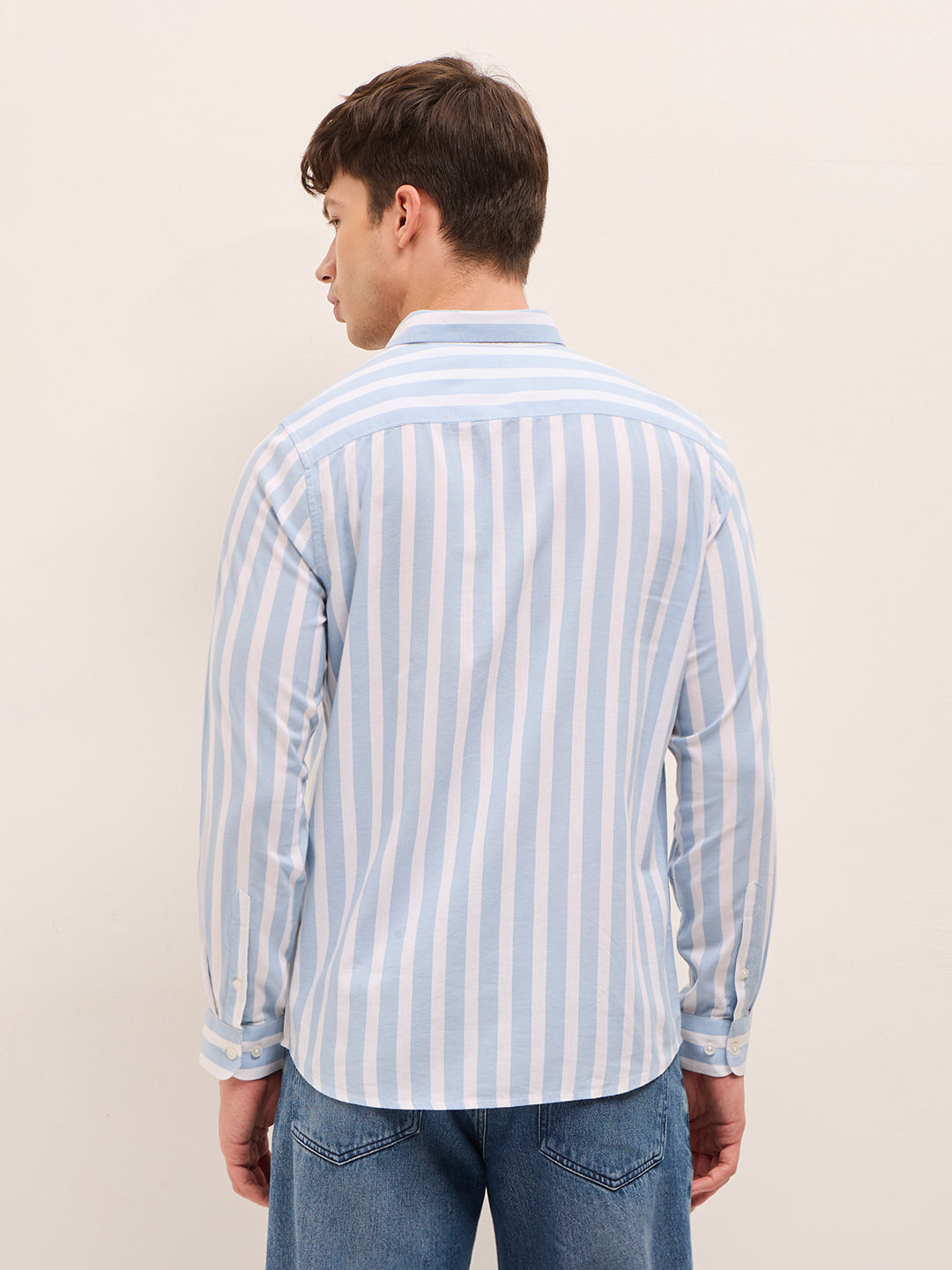 Blue & White Vertical Stripes Slim Fit Casual Shirt