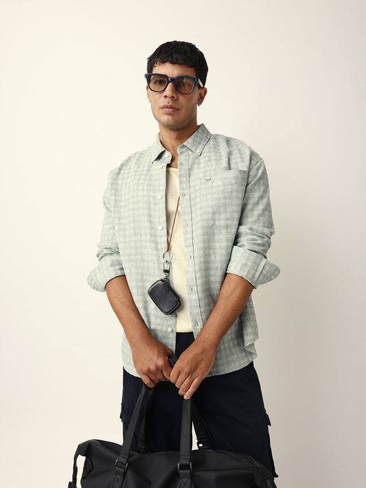 Green Woven Micro Check Textured Relax Fit Overshirt