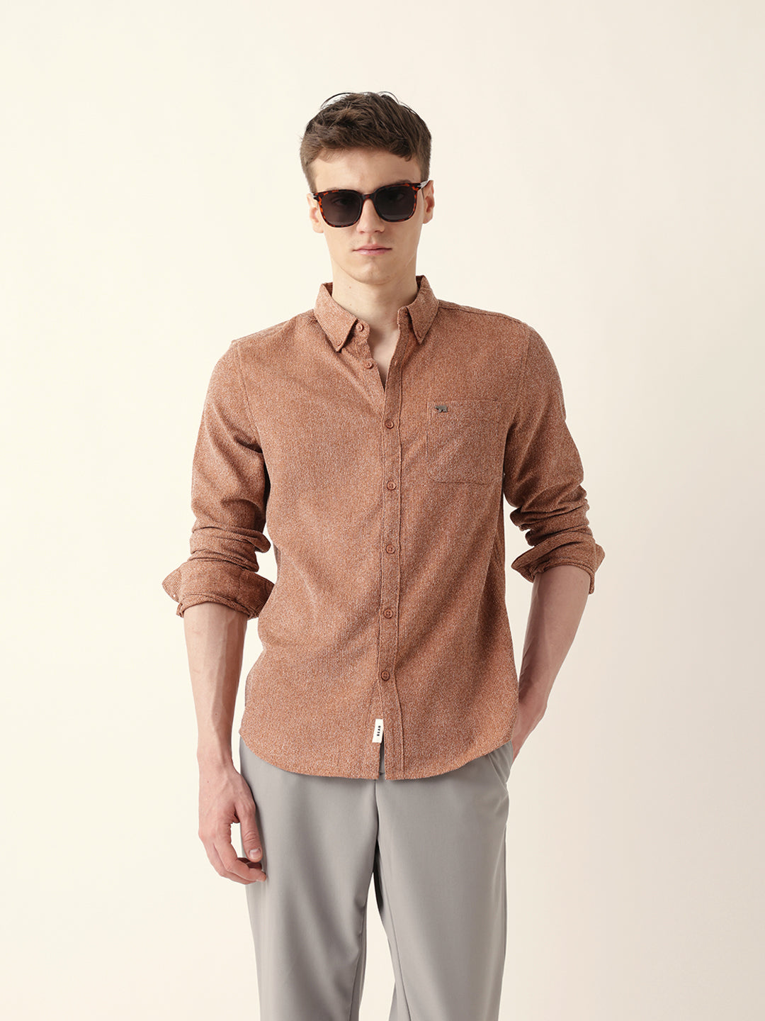 Rust Textured Woven Striped Slim Fit Casual Shirt
