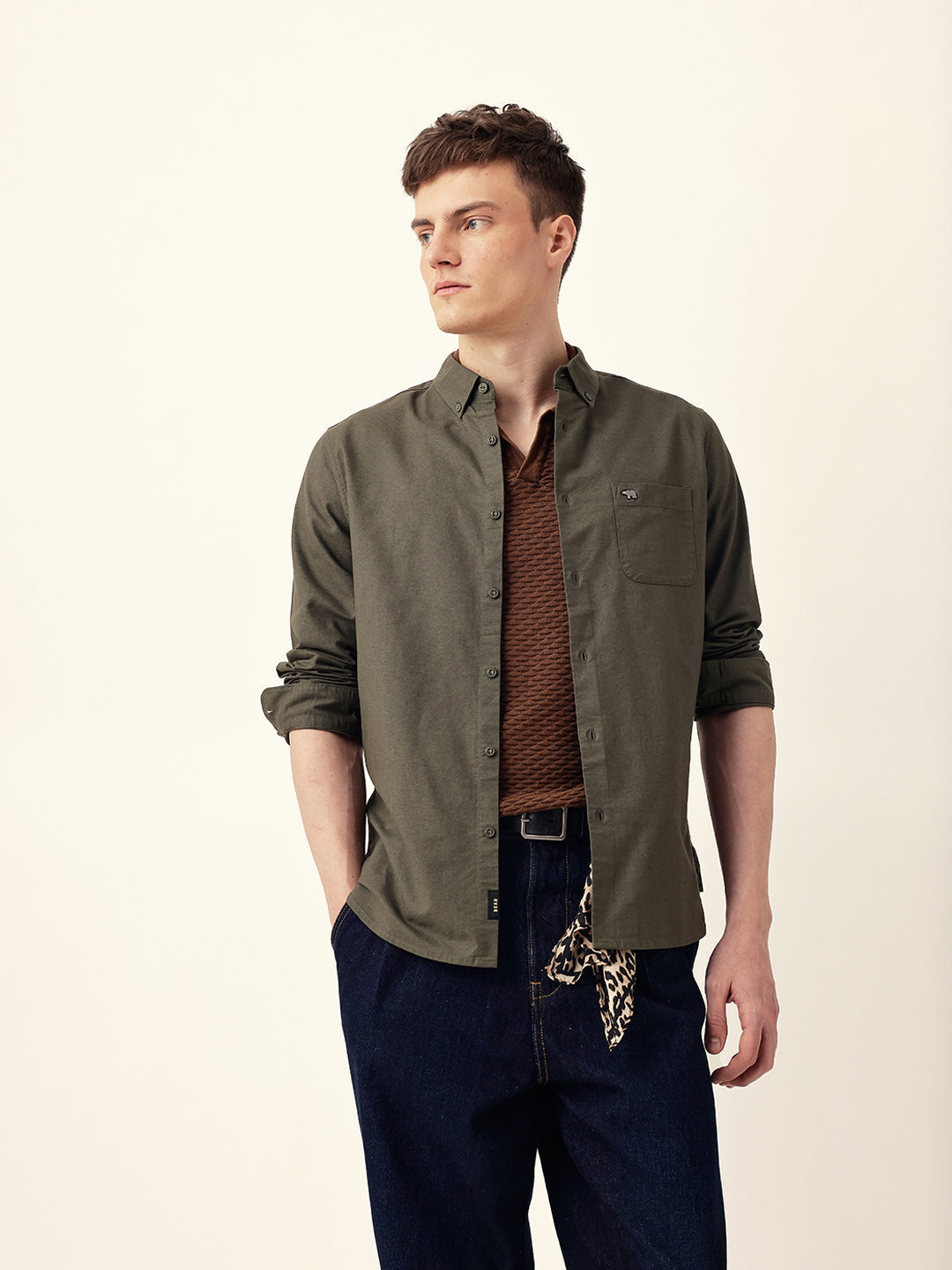 Olive Solid Cotton Slim Fit Casual Shirt with Button-Down Collar