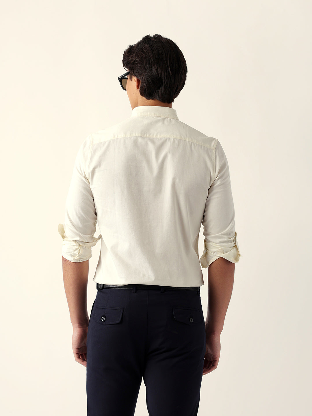 Cream Solid Slim Fit Cotton Casual Shirt