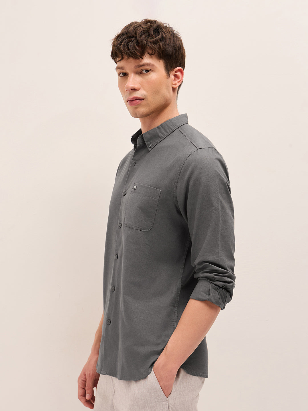 Grey Solid Cotton Slim Fit Casual Shirt with Button-Down Collar
