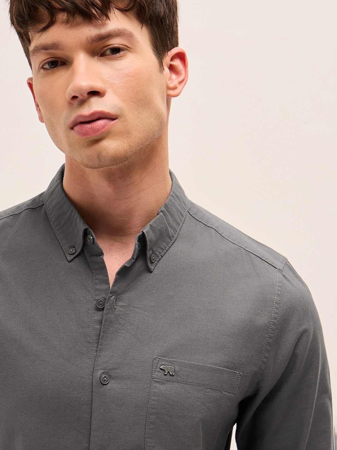 Grey Solid Cotton Slim Fit Casual Shirt with Button-Down Collar