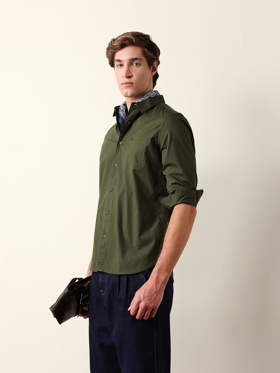 Olive Solid Slim Fit Cotton Casual Shirt