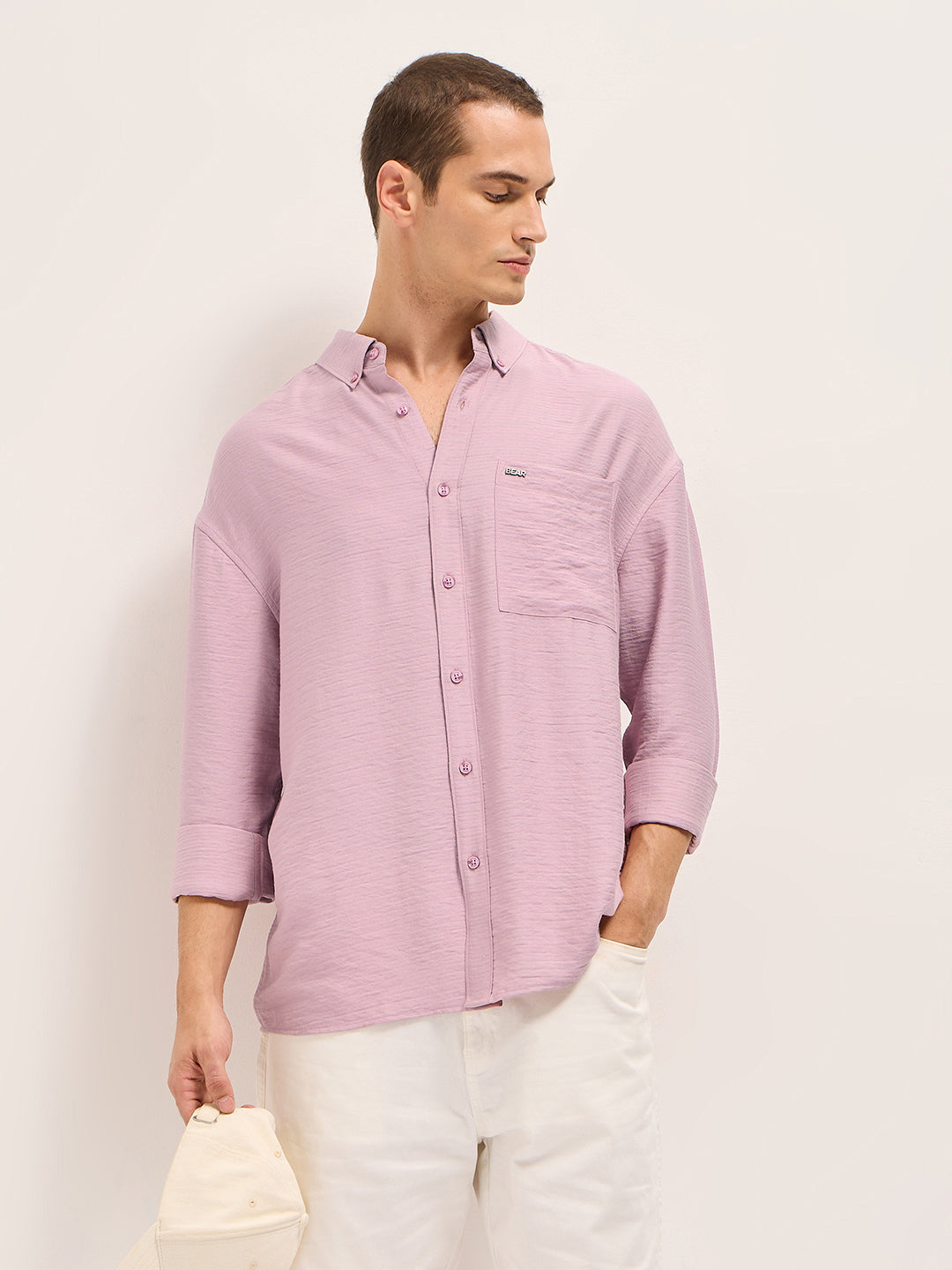 Pink Viscose Herringbone Design Relax Fit Casual shirt