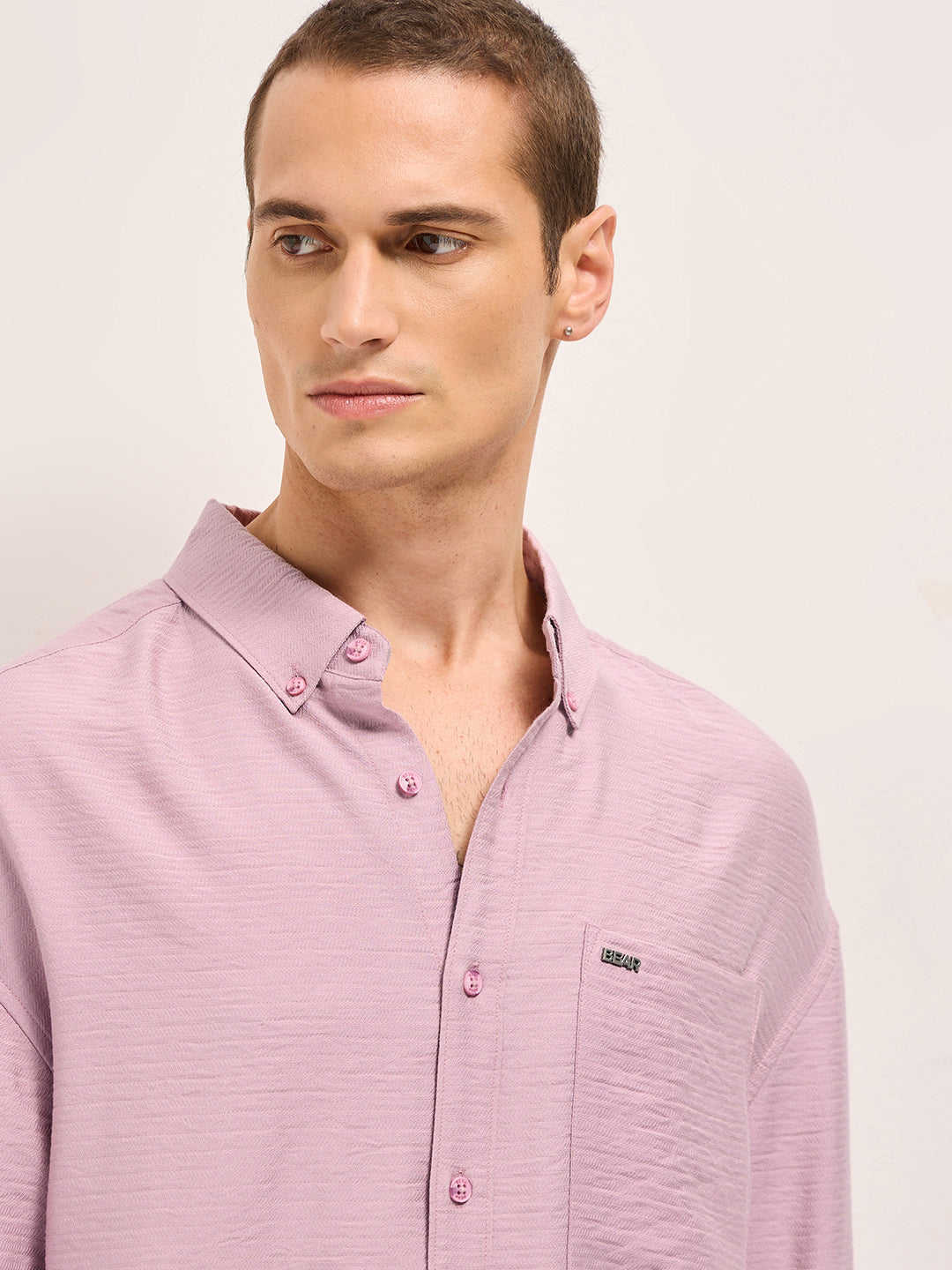 Pink Viscose Herringbone Design Relax Fit Casual shirt