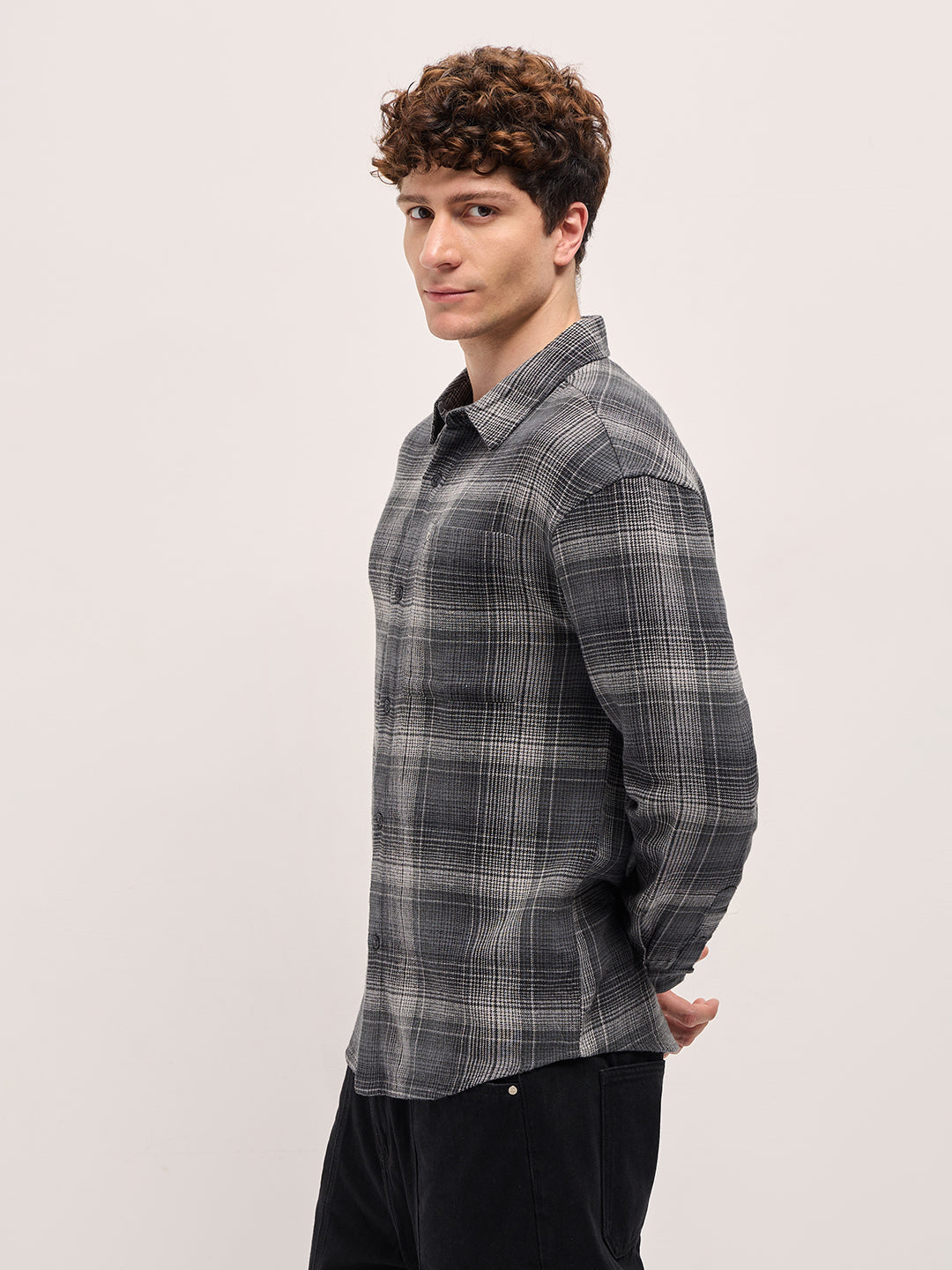 Black Checked Relax Fit Casual Overshirt