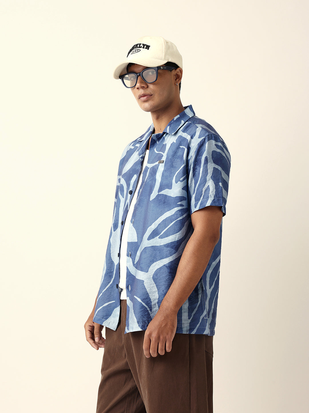 Blue Abstract Free-Flowing Stroke Printed Relaxed Fit Short Sleeve Shirt