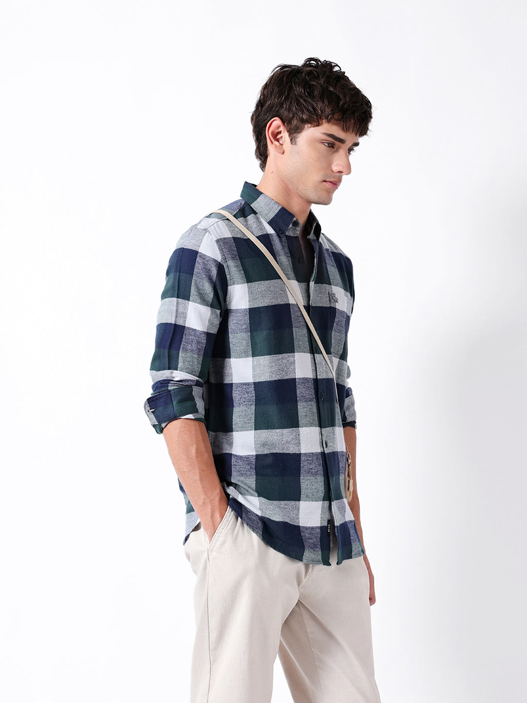 Green & Blue Flannel Checked Slim Fit Casual Shirt