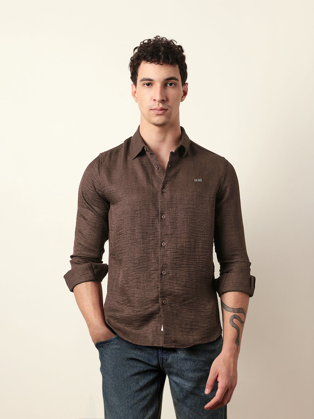 Brown Woven Textured Slim Fit Casual Shirt