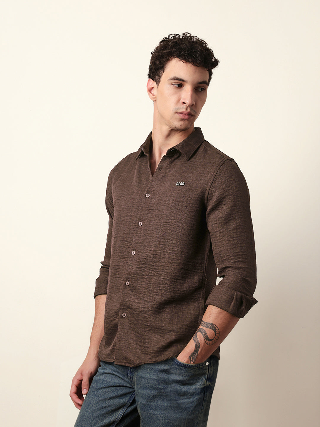Brown Woven Textured Slim Fit Casual Shirt