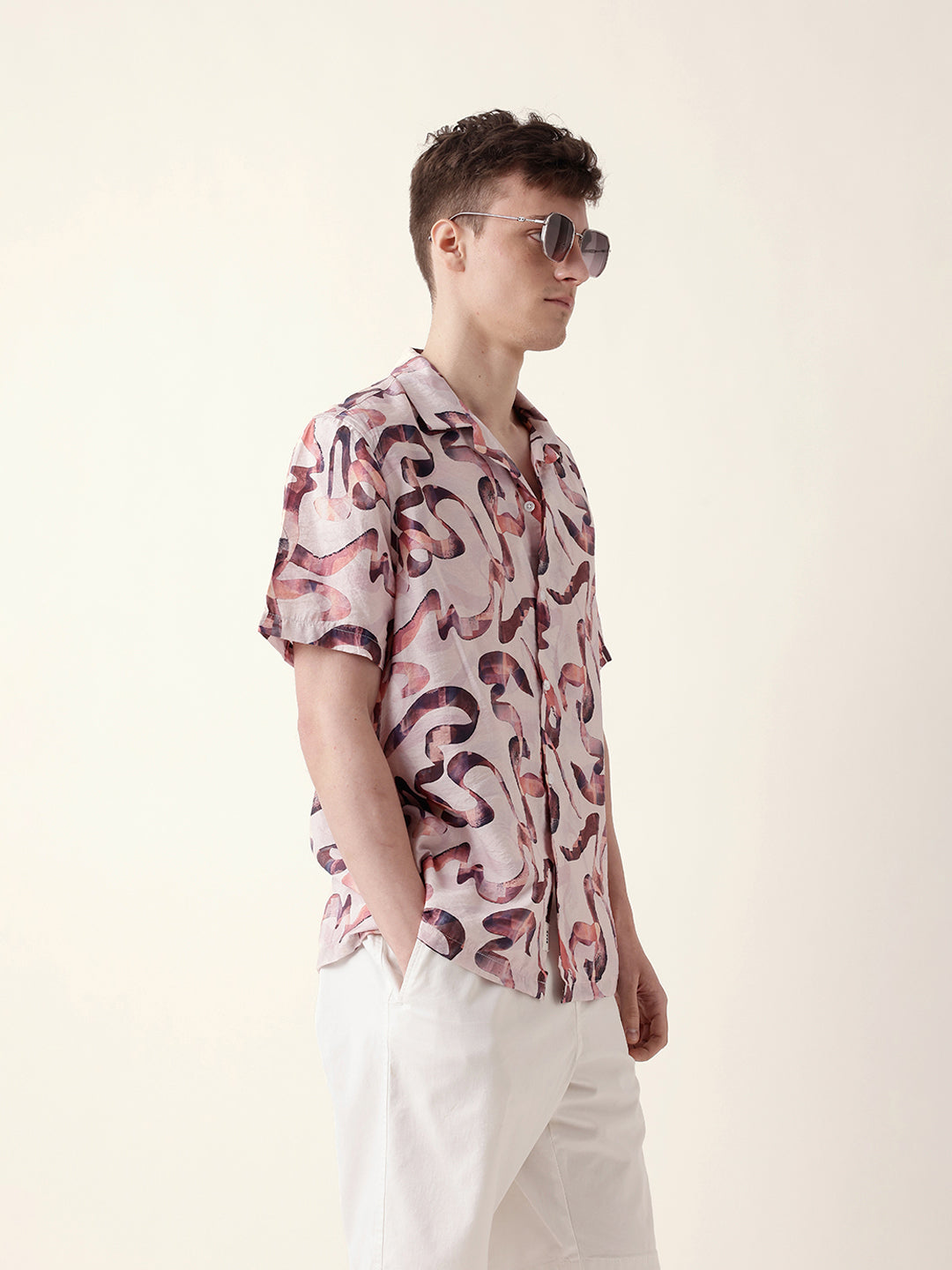 Multicolor Abstract Scribble Print Relaxed Fit Cuban Collar Casual Shirt