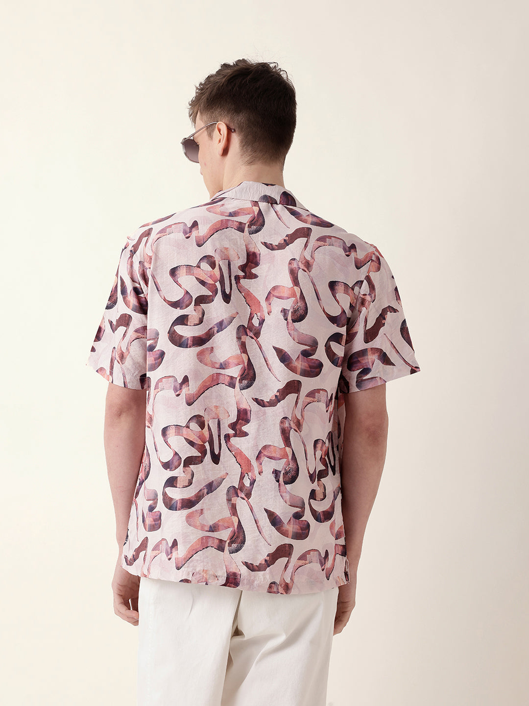Multicolor Abstract Scribble Print Relaxed Fit Cuban Collar Casual Shirt