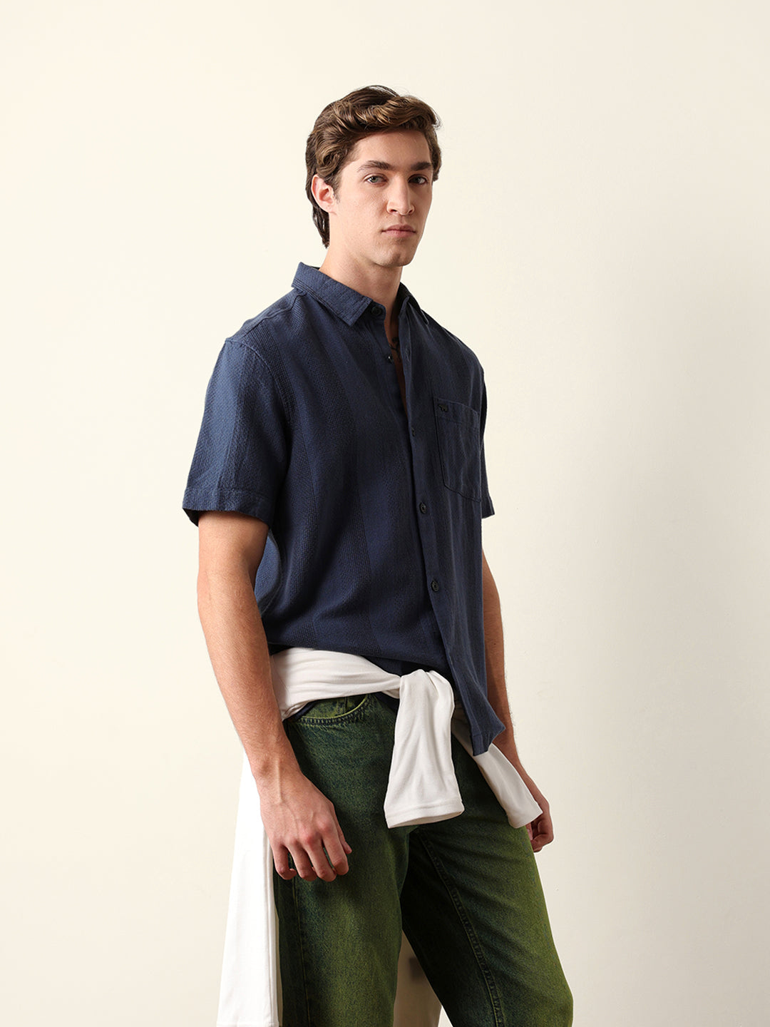 Blue Relaxed Fit Casual Half Sleeve Shirt with Textured Vertical Stripes