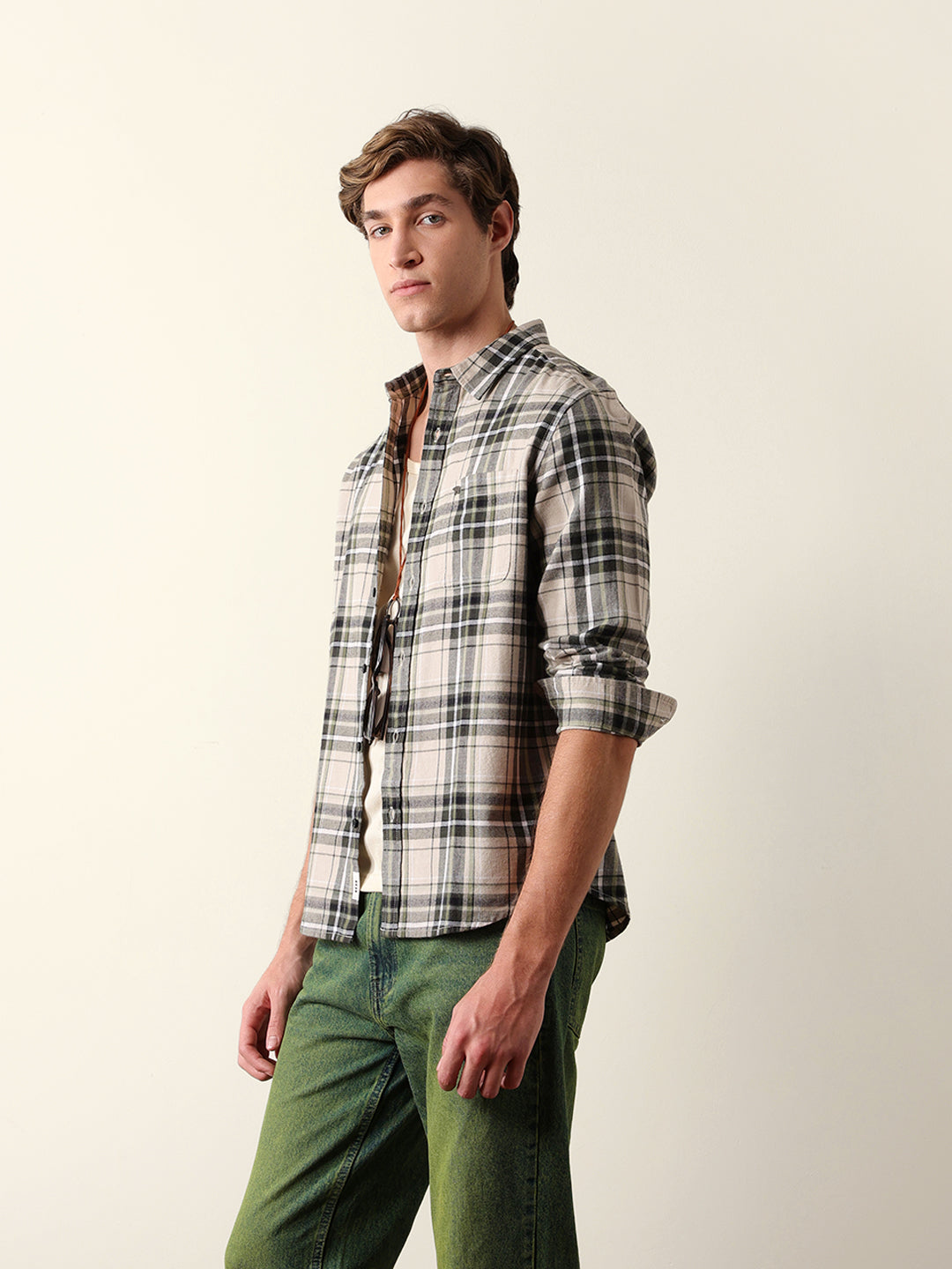 Olive Regular Fit Woven Check Flannel Casual Shirt