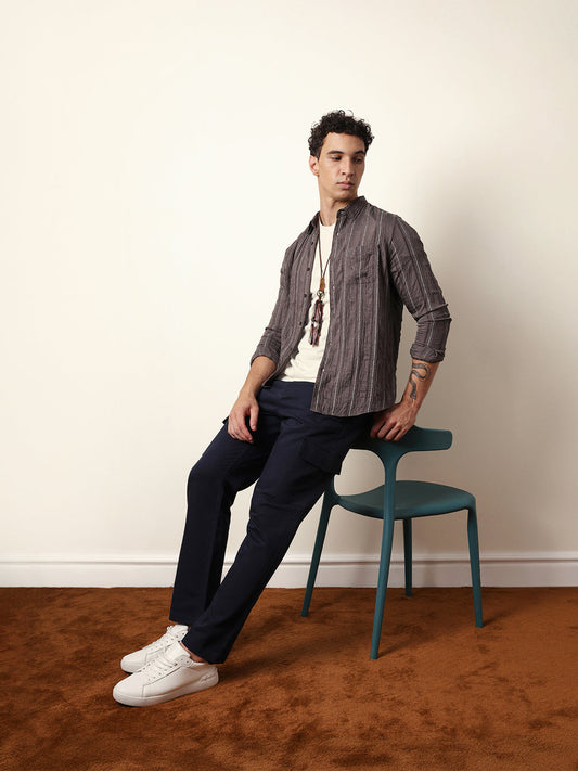 Grey Vertical Seersucker Pinstripe Slim Fit Casual Shirt