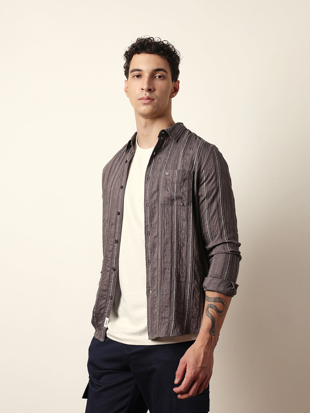 Grey Vertical Seersucker Pinstripe Slim Fit Casual Shirt