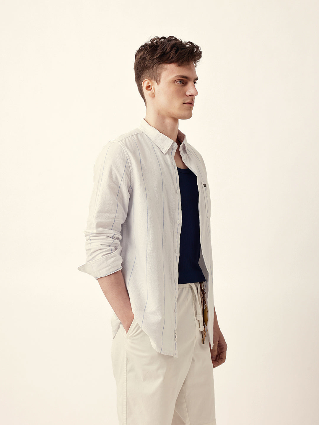 White Woven Vertical Stripes Slim Fit Casual Shirt