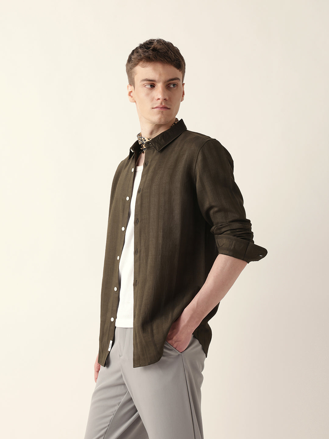 Olive Slim Fit Casual Shirt with Woven Semi-Transparent Vertical Stripes