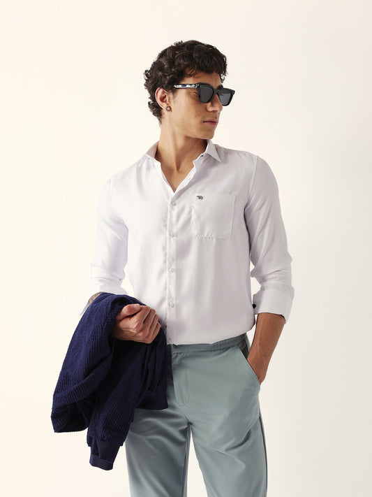 White Herringbone Woven Tailored Fit Formal Shirt with French Cuffs