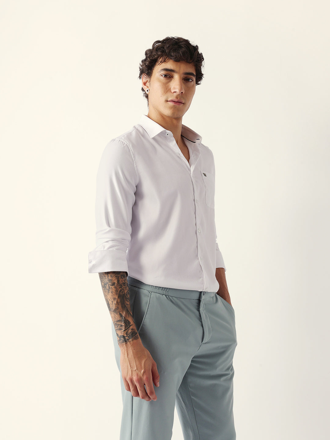 White Herringbone Woven Tailored Fit Formal Shirt with French Cuffs