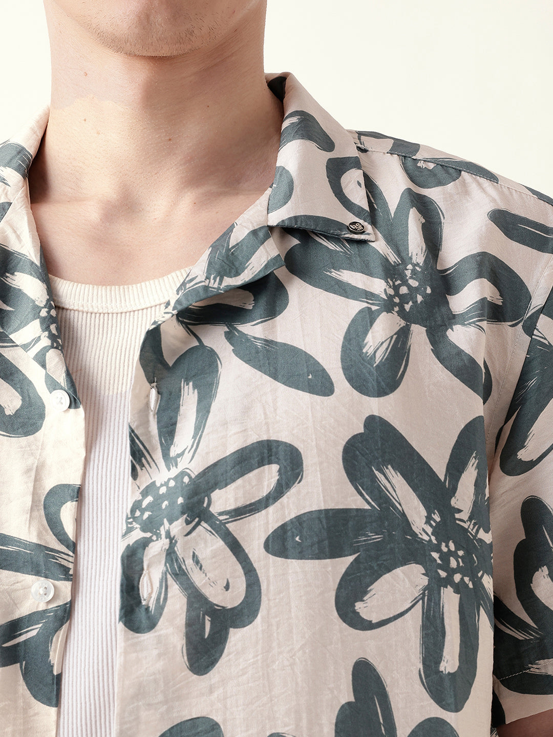 Teal Floral Motif Print Relaxed Fit Half-Sleeve Casual Shirt